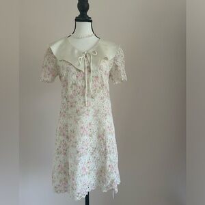 NEW DouTi Floral Lace Short Sleeves Dress with Satin Collar